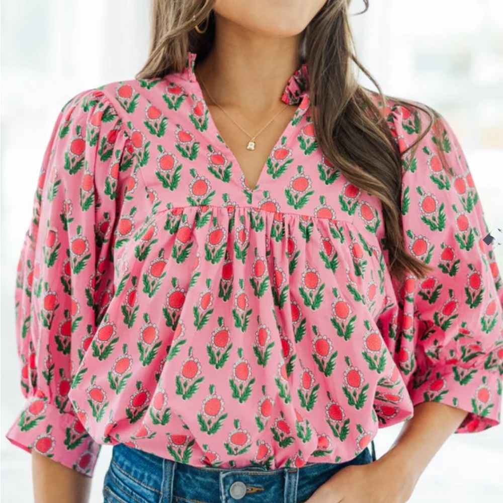 entro Pink Floral Print V-Neck Puff Sleeve Blouse